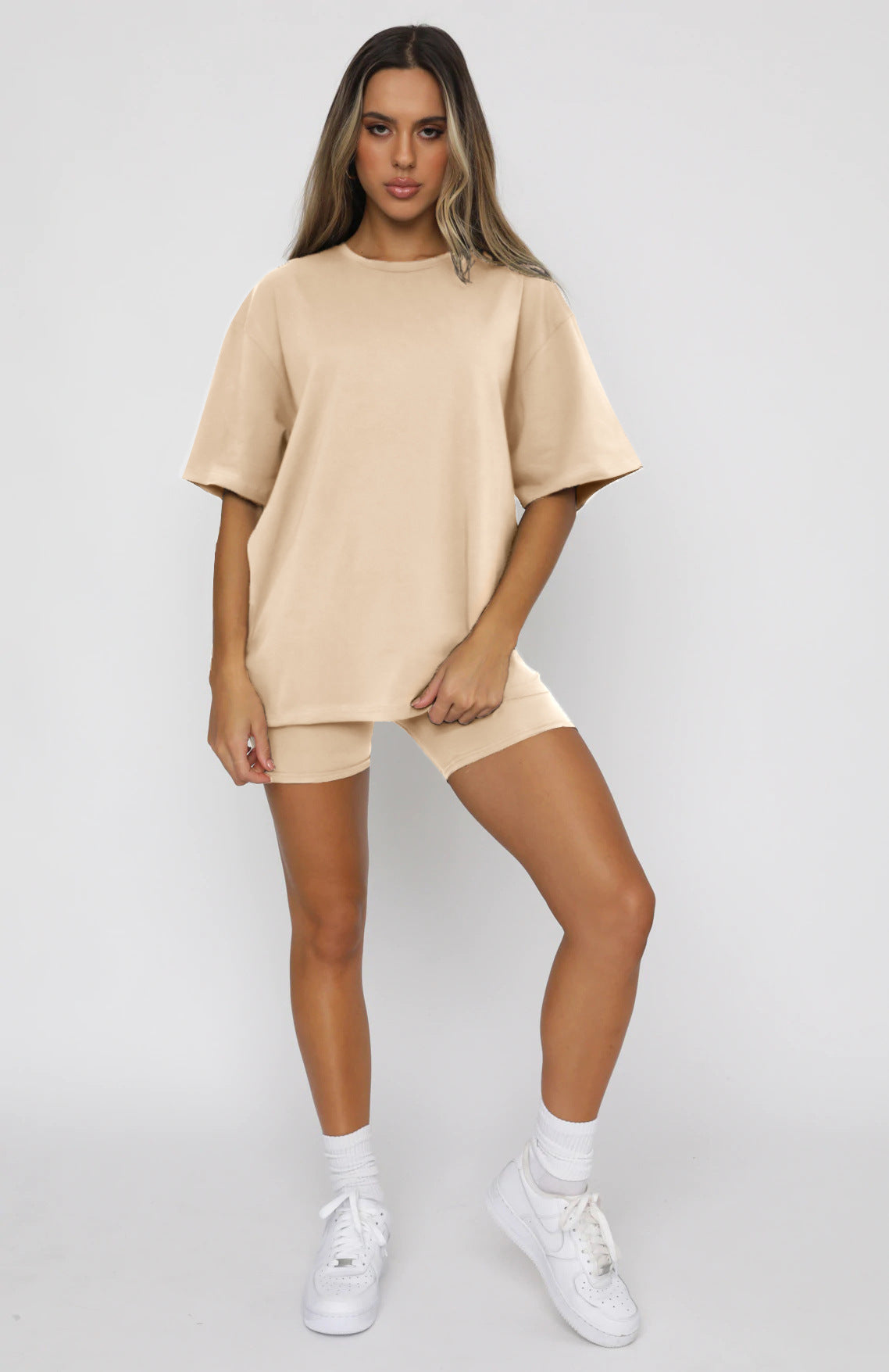 Summer Color Short Sleeve Round Neck Pullover Top Urban Shorts Suit