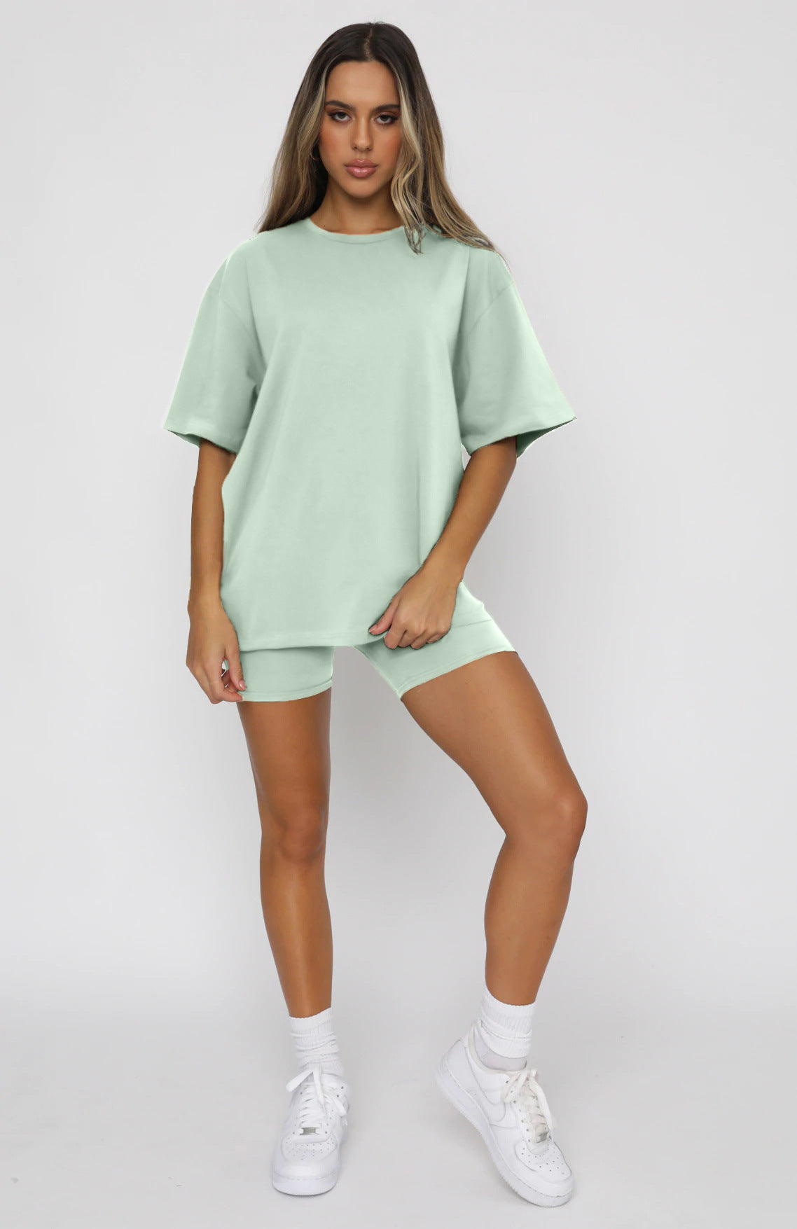 Summer Color Short Sleeve Round Neck Pullover Top Urban Shorts Suit