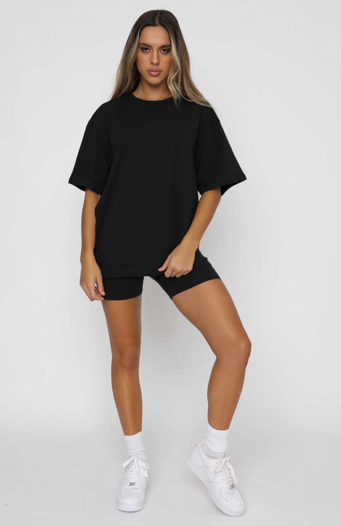 Summer Color Short Sleeve Round Neck Pullover Top Urban Shorts Suit