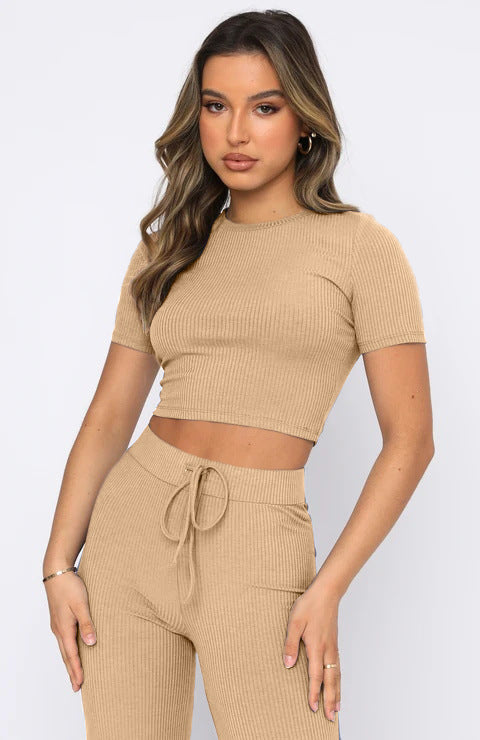 Set Color High-elastic Body Shaping Short Sleeve Sunken Stripe Wide Leg Pants Two-piece Set