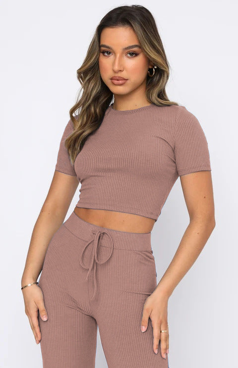 Set Color High-elastic Body Shaping Short Sleeve Sunken Stripe Wide Leg Pants Two-piece Set