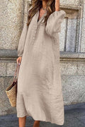 Cotton Linen Color Long-sleeved V-neck Button Long Jumpsuit