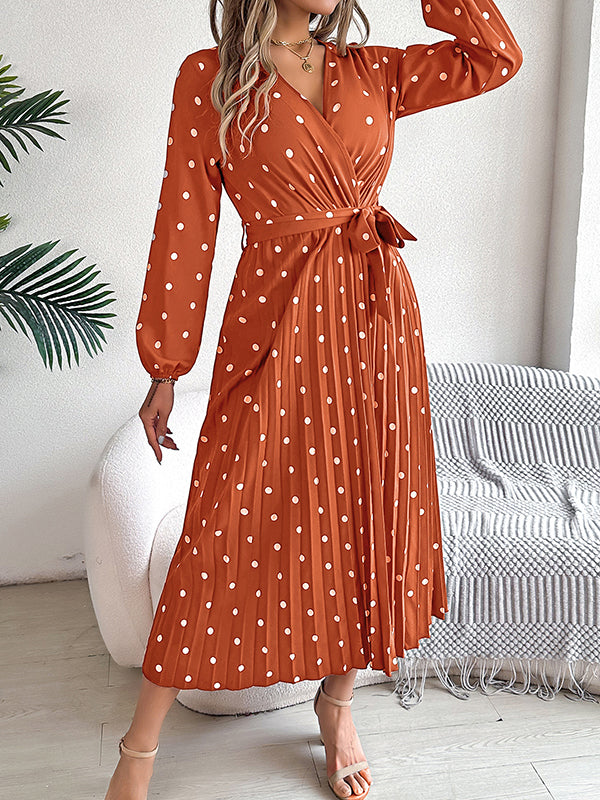 A-line High Waisted Elasticity Pleated Polka-dot Split-joint Tied Waist V-neck Midi Dresses Shirt Dress