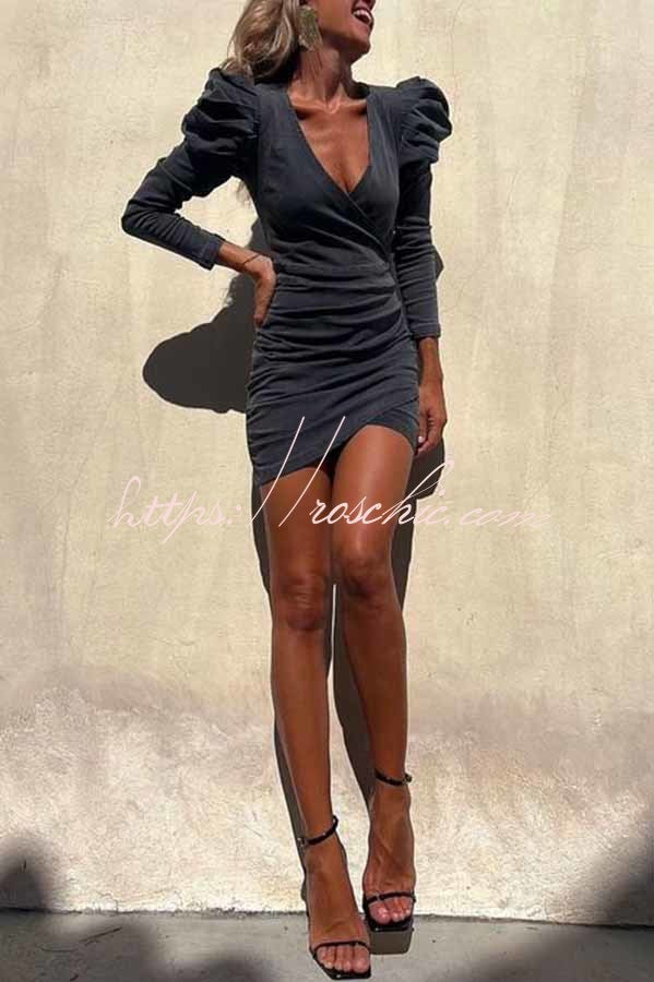 All the Best Denim Puff Sleeve Ruched Stretch Mini Dress