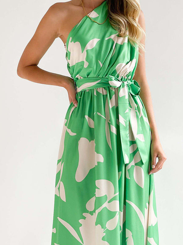 Loose Sleeveless Bandage Contrast Color Hollow Printed One-shoulder Midi Dresses