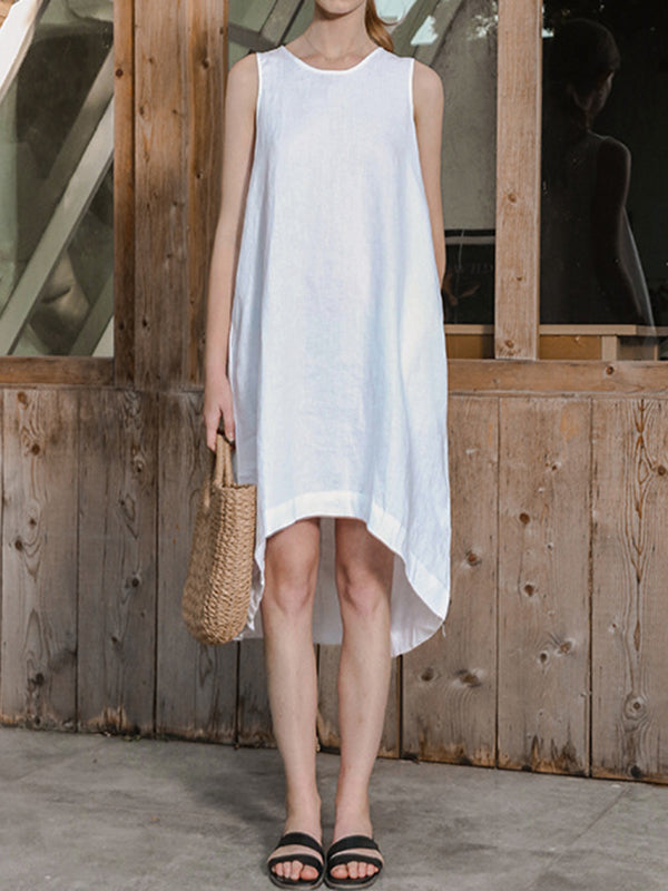 High-low Loose Color Round-neck Midi Dresses