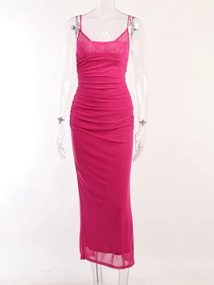 Lace Mesh Backless Maxi Dress for New Spaghetti Strap Sleeveless Bodycon Club Party Dress