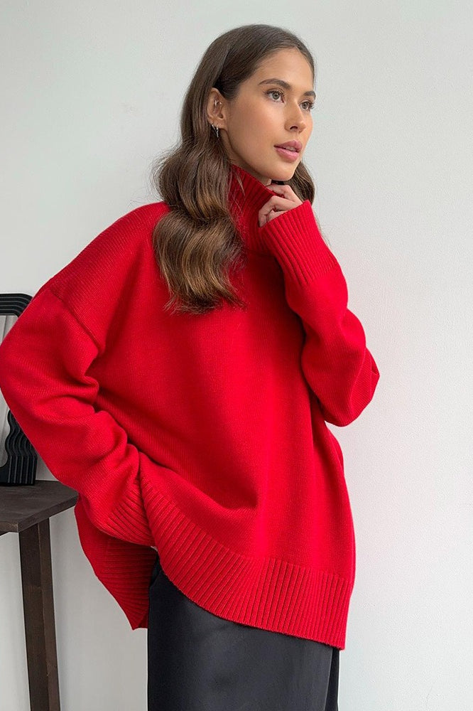 High Neck Slouchy Slim-fit Knit Sweater