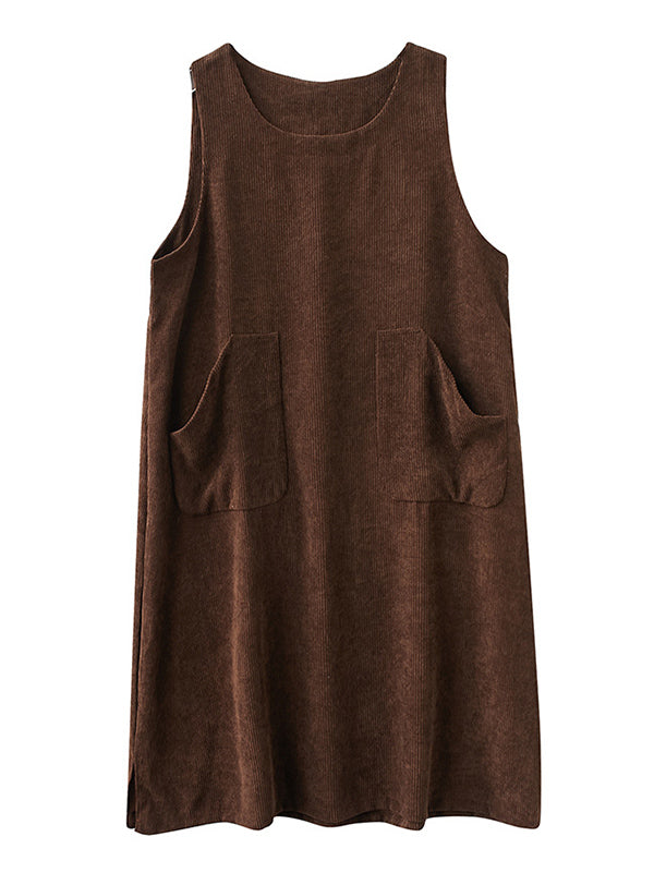 Corduroy Sleeveless Split-joint Round-neck Midi Dress
