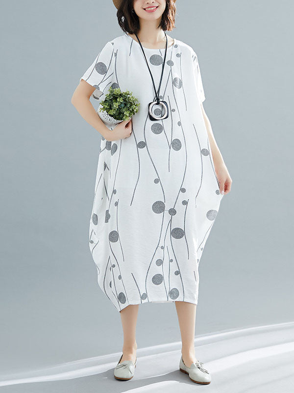 Loose Short Sleeves Printed Round-neck Midi Dresses