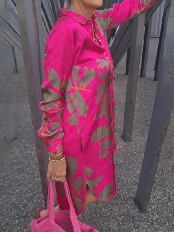 High Waisted High-low Buttoned Pockets Printed Split-joint Lapel Midi Dresses Shirt Dress