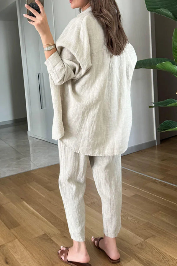 Cotton Linen Shirt & Cropped Pants Two-piece Set