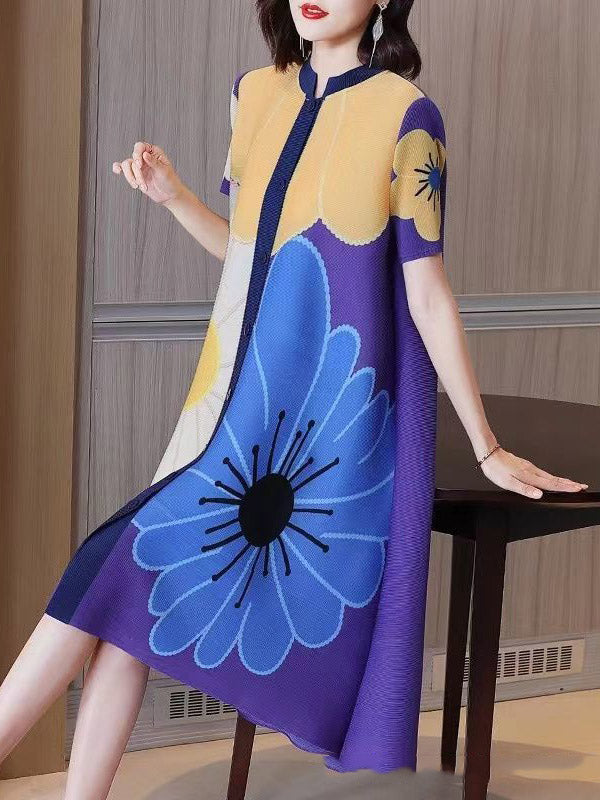 A-line Loose Buttoned Flower Print Pleated Round-neck Midi Dresses