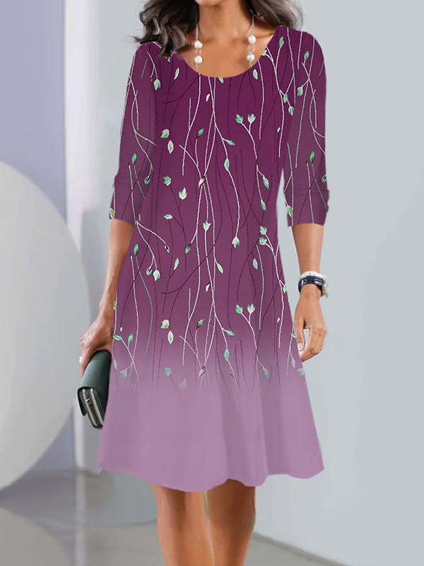 Long Sleeves Flower Print Multi-colored Printed Round-neck Midi Dresses