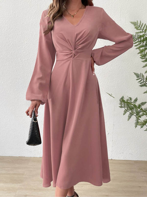 A-line High Waisted Pleated Color Zipper V-neck Midi Dresses