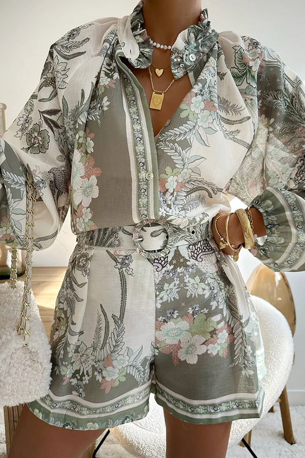 Botanical Print Palace Style Stand-up Collar Lantern Sleeve Loose Top and Shorts Set