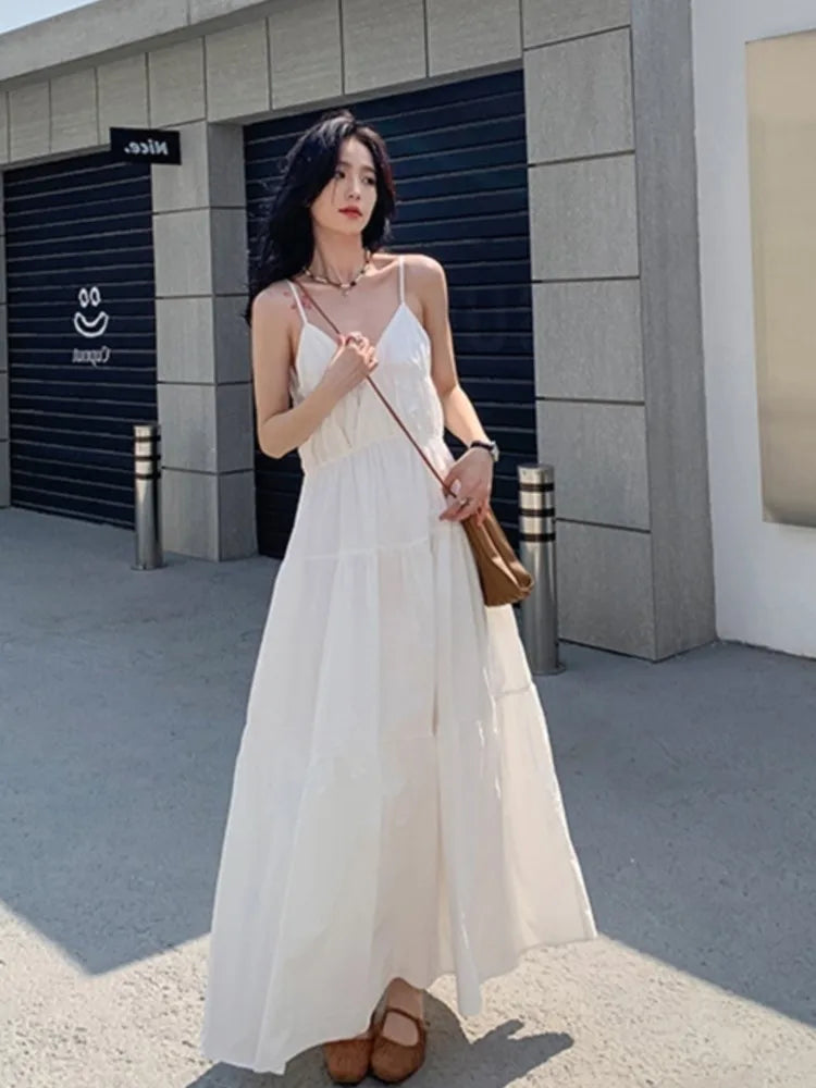 Loose Summer Dress Spaghetti Strap V-neck Vocation Vestidos Korean A-line Clothes New Long Dresses