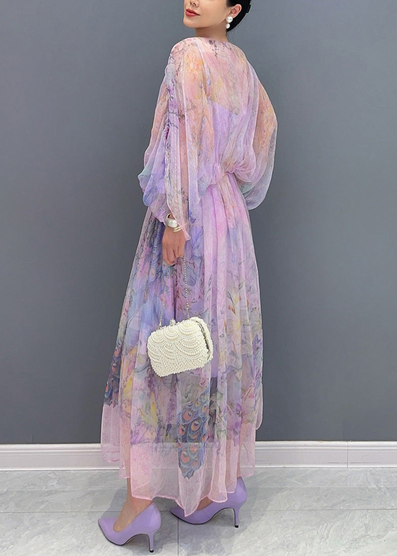 Lavender U Neck Print Patchwork Long Dresses Summer Ao1064