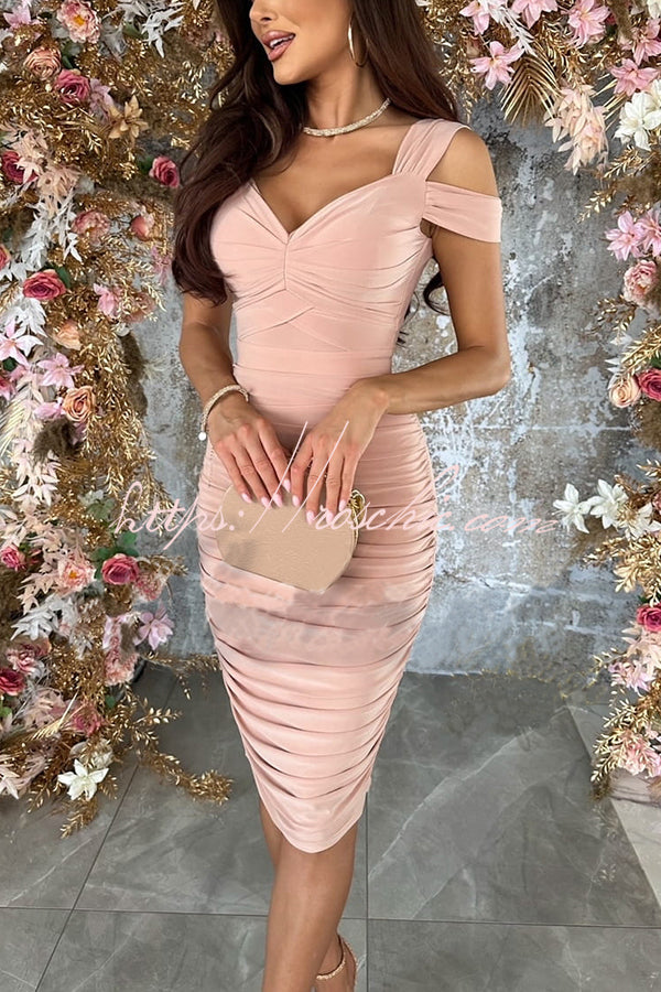 Raise a Toast Cold Shoulder Ruched Pencil Midi Dress