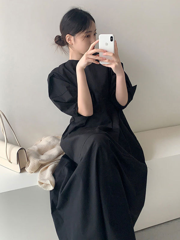 Round-neck Bishop Sleeve Loose Color Midi Dress
