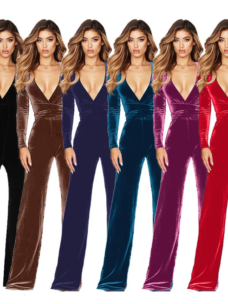 Re Velvet Elastic Slim Jumpsuit Deep V-belt Jumpsuit Korean Long Sleeved Jumpsuit Autumn Winter