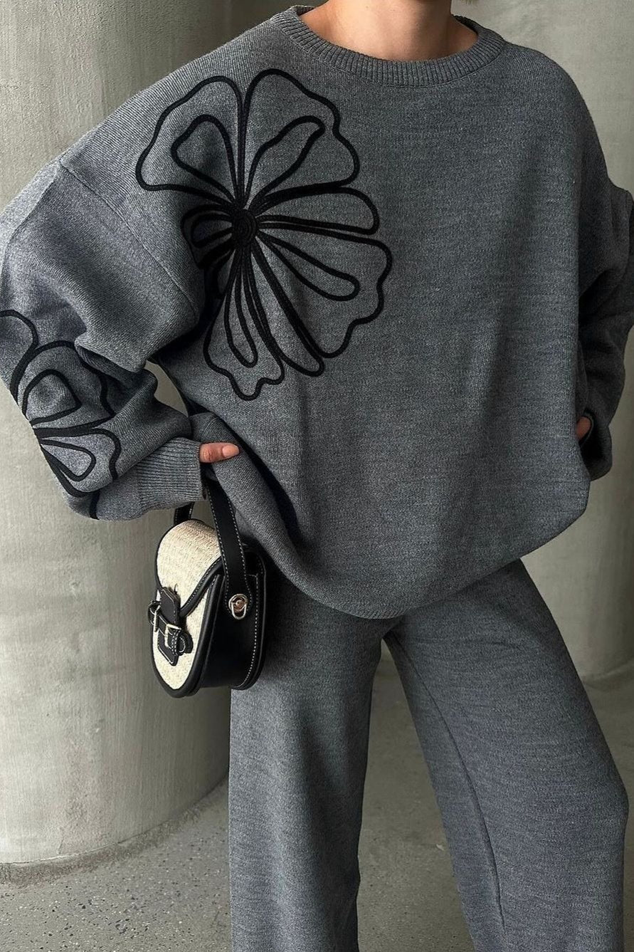 Round Neck Knit Sweater With Pants Two Piece Pants Set