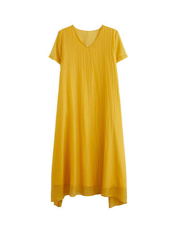 A-line Loose Color V-neck Midi Dresses