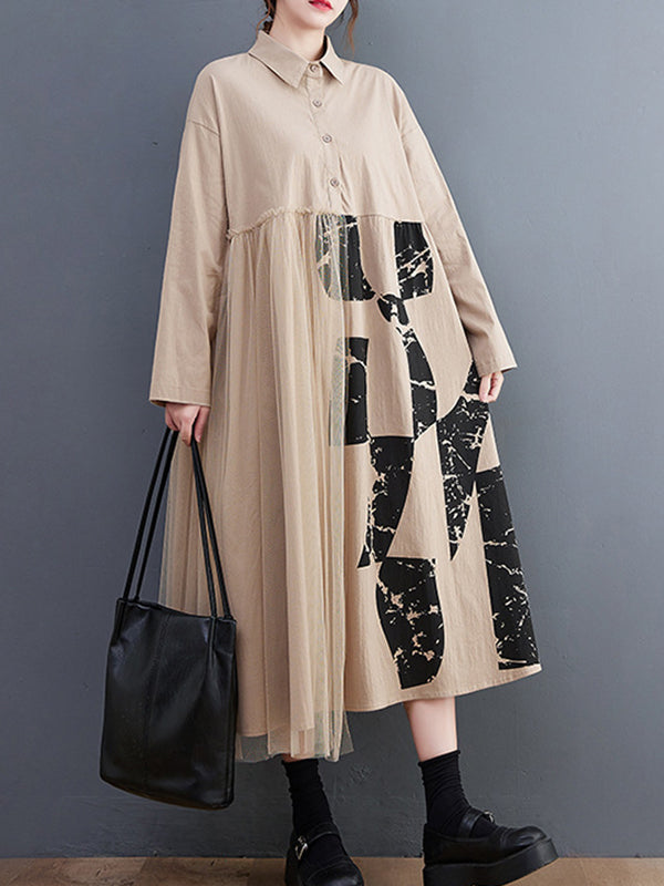 Long Sleeves Loose Contrast Color Split-joint Lapel Collar Midi Dresses