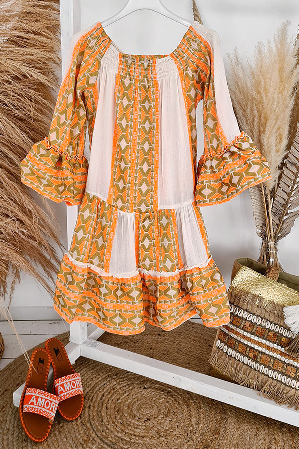 Friendly Shores Linen Blend Print Off Shoulder Loose Mini Dress