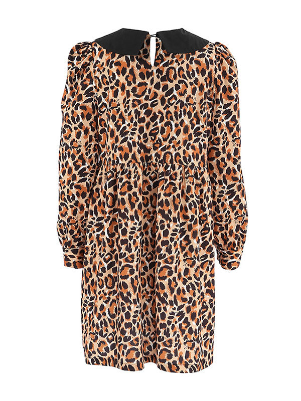 Loose Puff Sleeves Leopard Pleated Printed Split-joint Peter Pan Collar Mini Dresses Shirt Dress