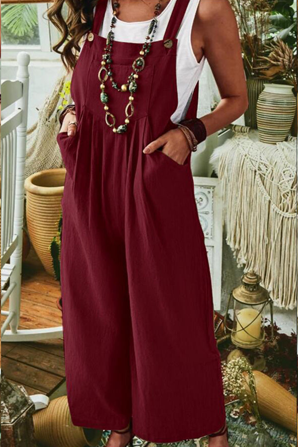 Color Sleeveless Pocket Wide Leg Side Button Jumpsuit