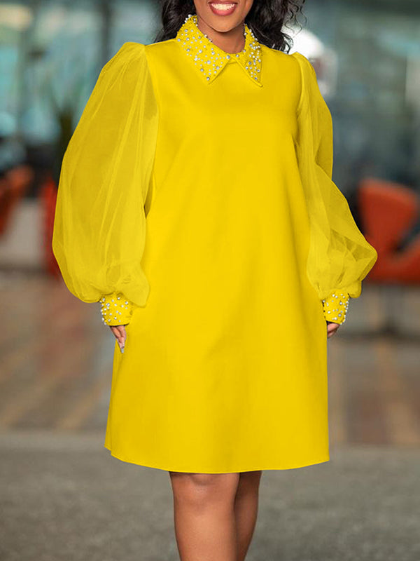 Puff Sleeves Beads Mesh Color Split-joint Round-neck Midi Dresses