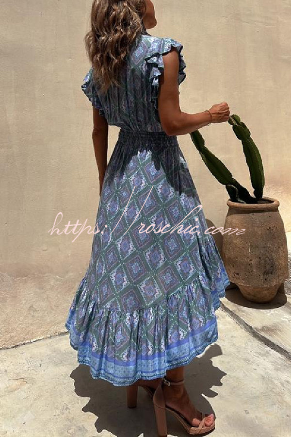 Libby Hippie Printed Tie Front Ruffle Sleeve Smocked Waist Midi Dress
