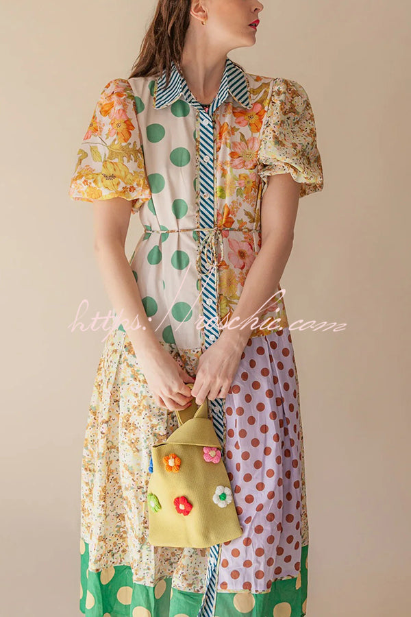 Linen Blend Unique Print Lapel Puff Sleeve Midi Dress