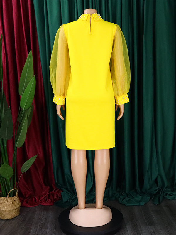 Puff Sleeves Beads Mesh Color Split-joint Round-neck Midi Dresses