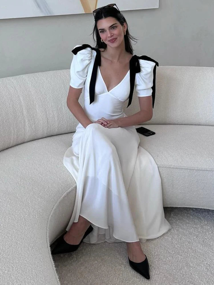 Tee Bow Lace-up Long Dress for High Waist Short Sleeve Slim Party Dress Bandage Maxi Dress