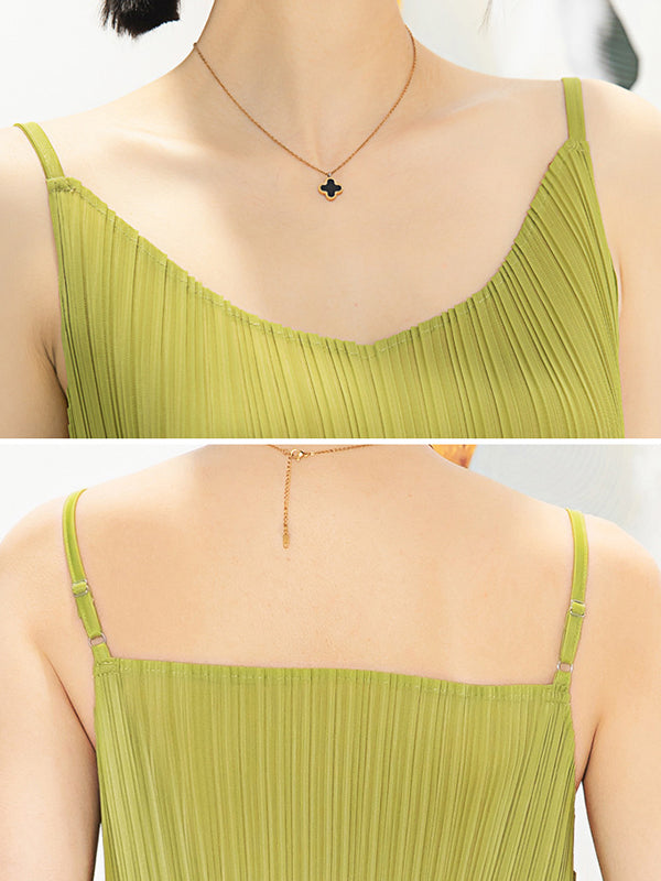 Loose Sleeveless Pleated Color Tasseled Spaghetti-neck Midi Dresses