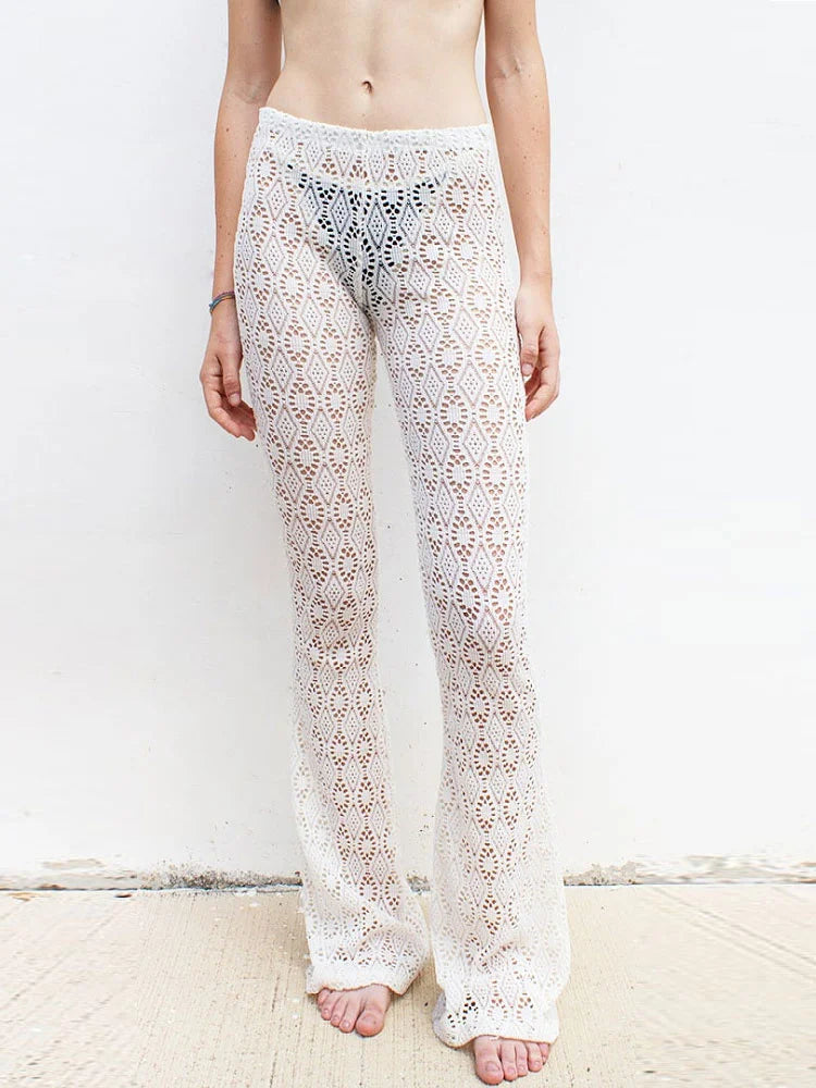 Hollow Out White High Waist ’s Pants Printed See-through Beach Holiday Straight Trousers Y2k Pants