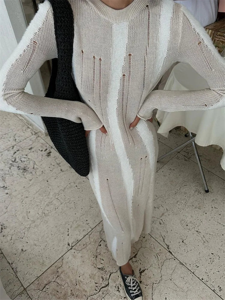 Hollow Out Knit Maxi Dress for Slim Long Sleeve Autumn Party Dress Female Knitwear Dress