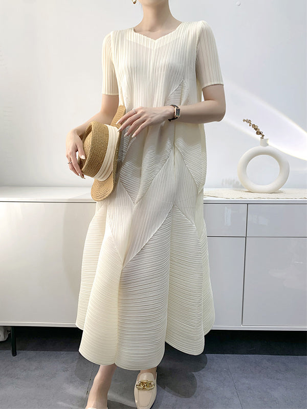 Loose Short Sleeves Pleated Color Split-joint V-neck Midi Dresses