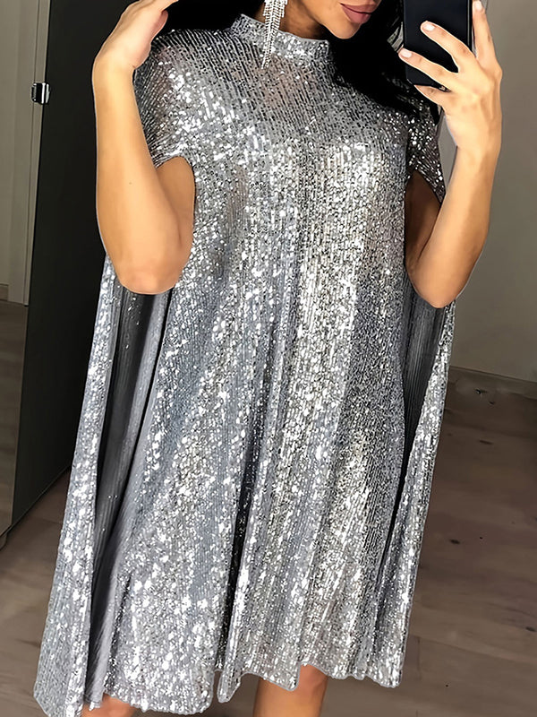 Cape Long Sleeves Sequined Shiny Split-joint Mock Neck Mini Dresses