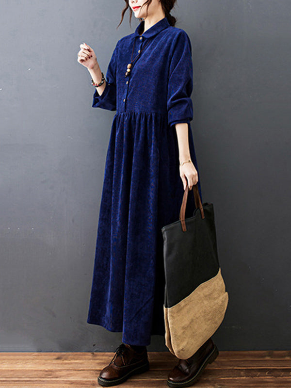 Split-joint Color Long Sleeves Lapel A-line Corduroy Midi Dress