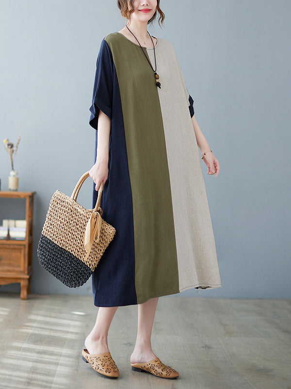Half Sleeves Loose Contrast Color Round-neck Midi Dresses