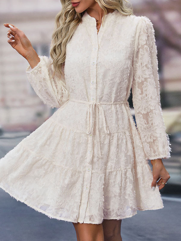 A-line Long Sleeves Buttoned Elasticity Jacquard Pleated Color Tied Waist Stand Collar Mini Dresses