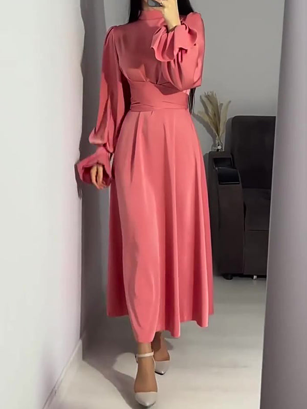 A-line Long Sleeves Pleated Color Tied Waist Zipper Mock Neck Maxi Dresses
