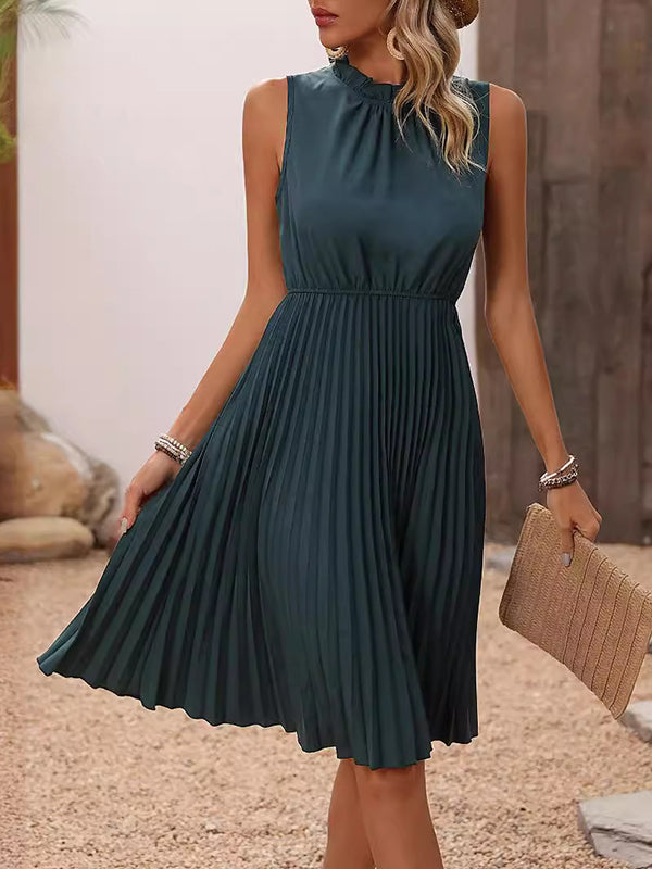 A-line Loose Elasticity Pleated Color Split-joint Mock Neck Midi Dresses