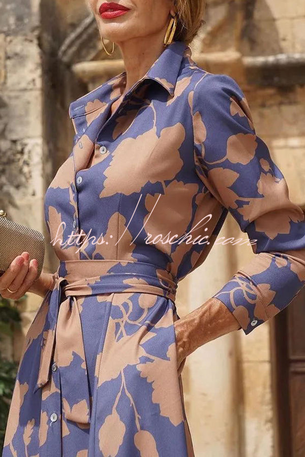 Lapel Print Lace Up Buttoned Pockets Long Sleeve Midi Dress