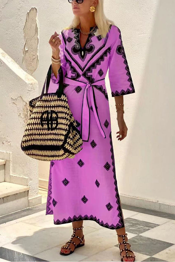 Quiet Atmosphere Linen Blend Print Belted Midi Dress