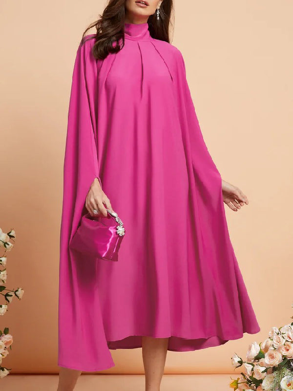 Simple Batwing Sleeves Lace-up Color High-neck Midi Dresses