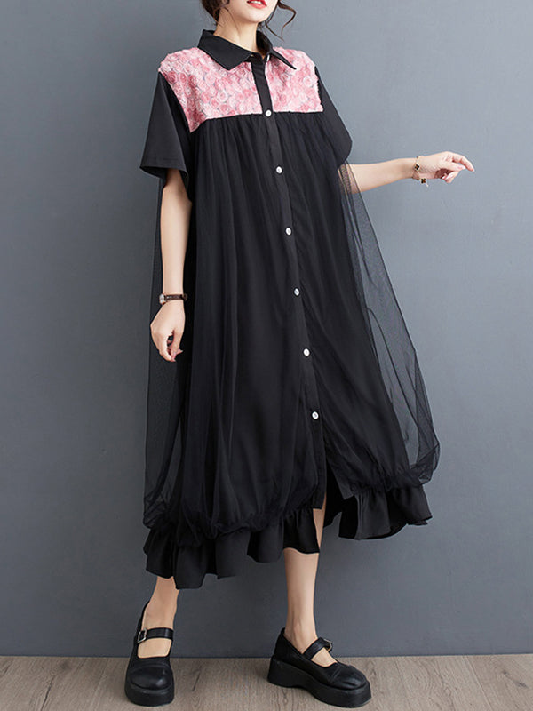 Loose Short Sleeves Falbala Printed Split-joint Lapel Midi Dresses